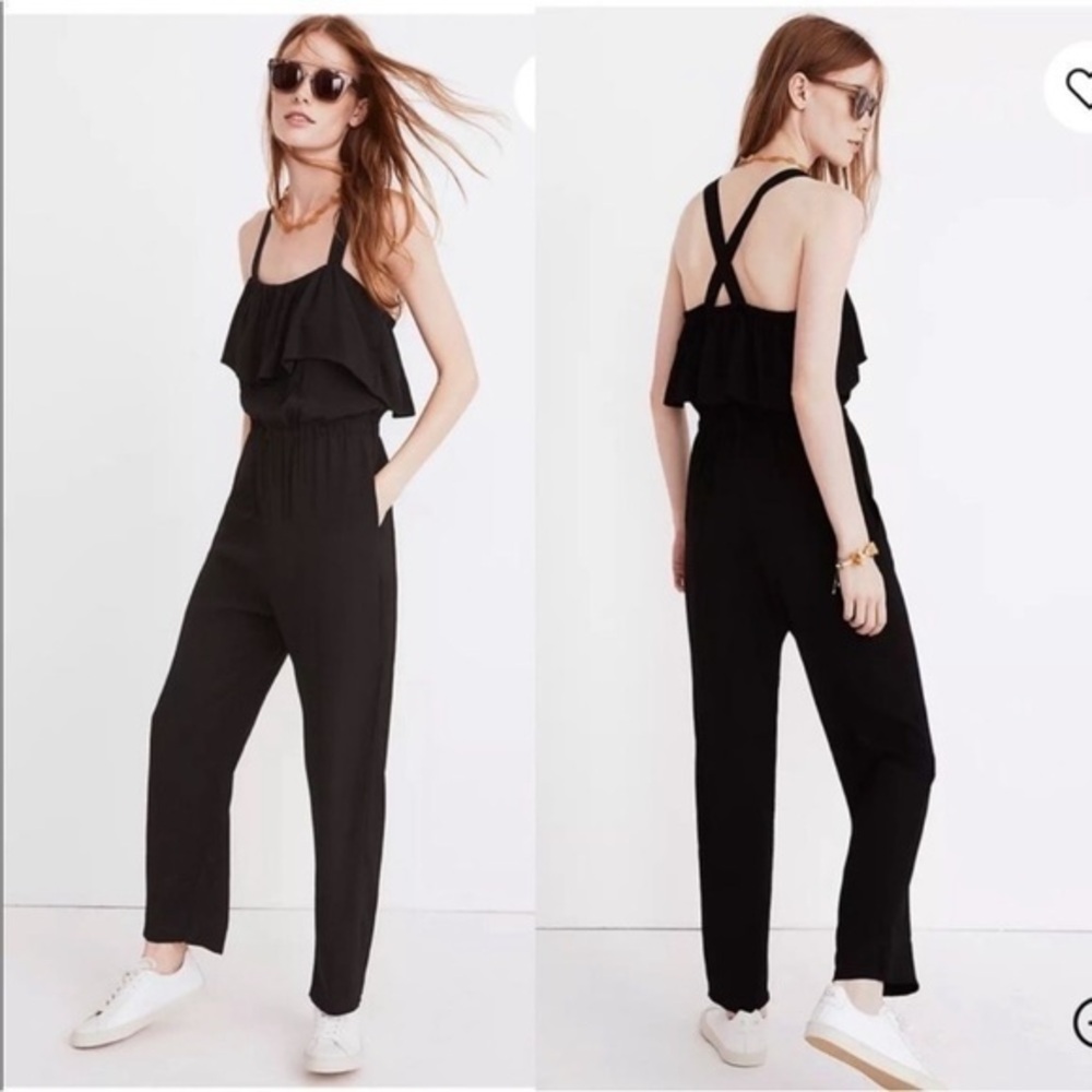 Madewell Apron Ruffle Jumpsuit Black size Small Pants Romper Playsuit Crepe